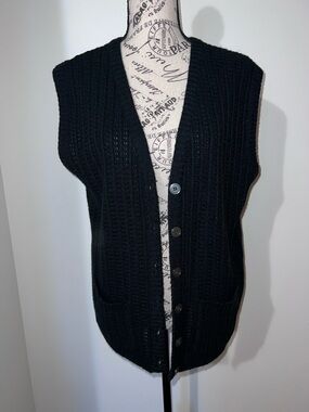 VTG Dotty Mann Black Knit Sweater Vest Button Front Orlon Made in USA Sz L